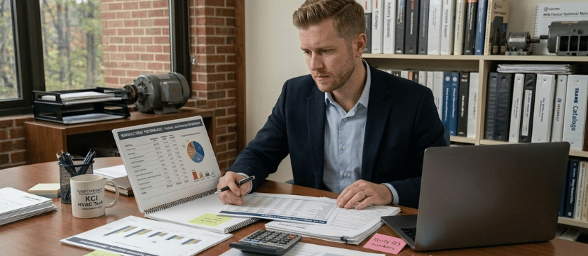 Manufacturer rep evaluating predictive analytics data alongside spreadsheets and reports to understand business challenges