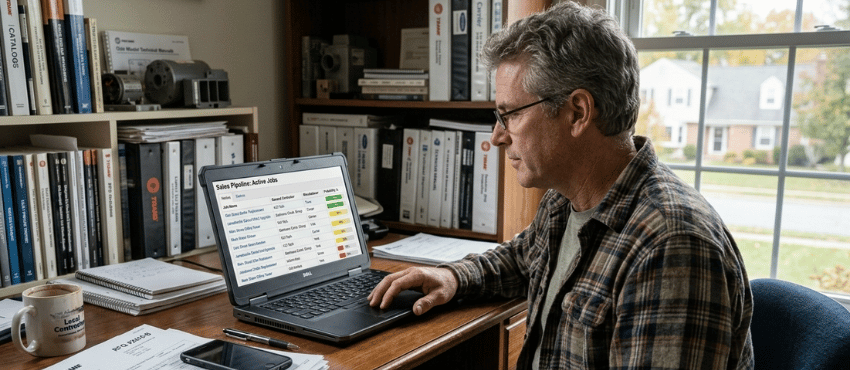 Manufacturer representative using predictive analytics dashboard to track jobs, pipeline stages, and win probability in real time