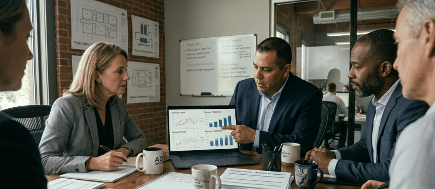 Manufacturer rep leadership team reviewing predictive analytics data to improve sales forecasting and business decisions