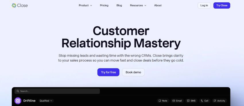 Close.com homepage