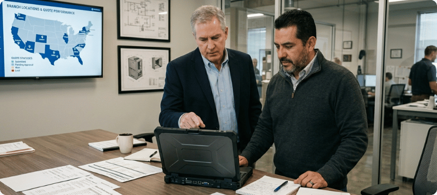 Multi-office quoting challenges for manufacturer reps shown as sales executives review quote activity, pricing, and branch performance across locations