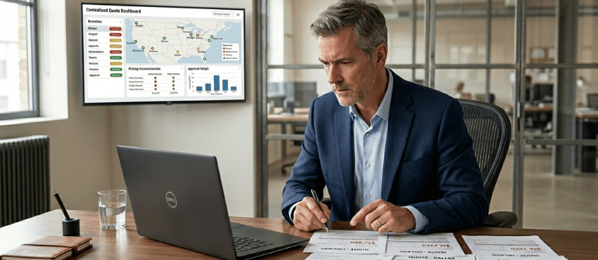 What are multi-office quoting challenges shown through a sales leader reviewing inconsistent quotes, pricing, and approvals across multiple offices