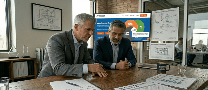 Two men looking at Rep Order Management (ROM) as an quoting solution for their multi-office sales teams including pricing control, approval workflows, and quote visibility across locations