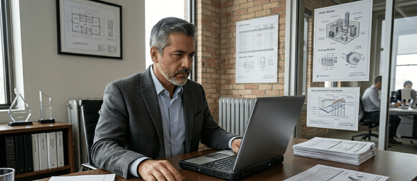 Rep accountability problem in multi-office quoting shown through a sales leader reviewing quote visibility, turnaround times, and discounting patterns