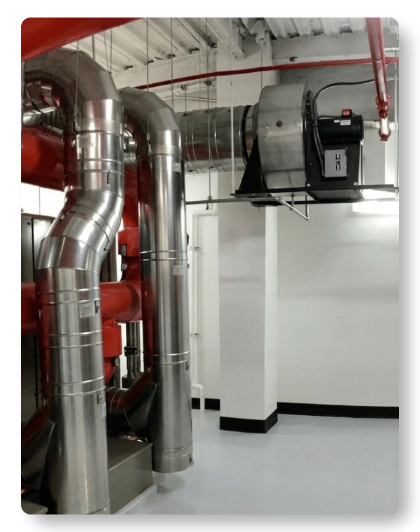 HVAC mechanical room with commercial venting and ductwork system used in large-scale construction projects