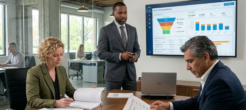 Key features of pipeline management software for manufacturer reps reviewed by sales leaders comparing visibility, reporting, and pricing control