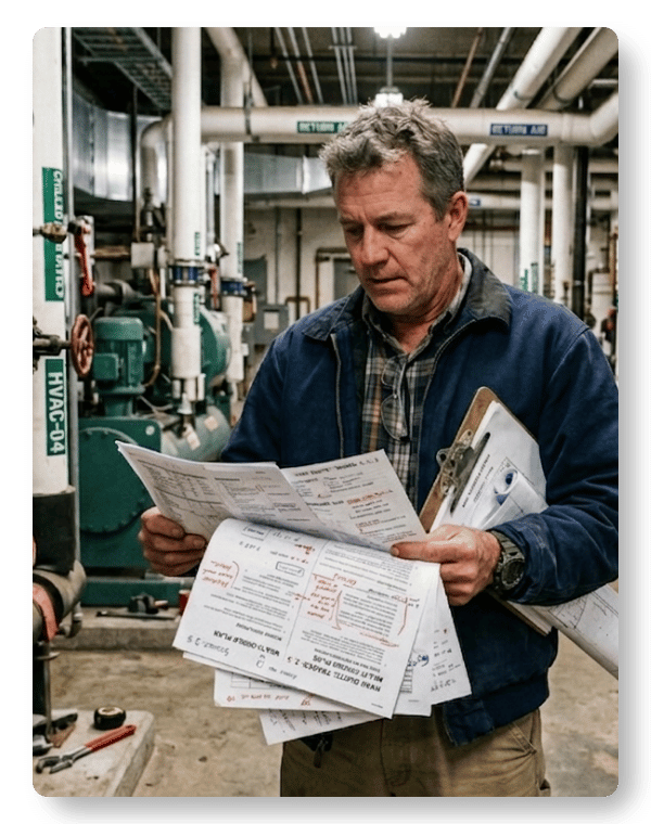 Multi-office quoting challenges in HVAC projects shown through a project manager reviewing complex multi-trade documents in a mechanical room
